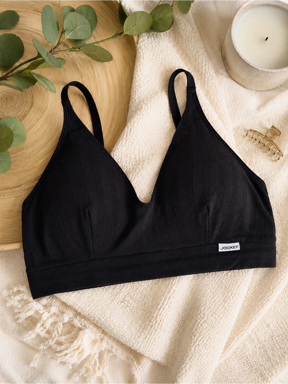 Jockey Black Ribbed Bralette Women’s Large Wireless Pullover Lounge Bra Soft